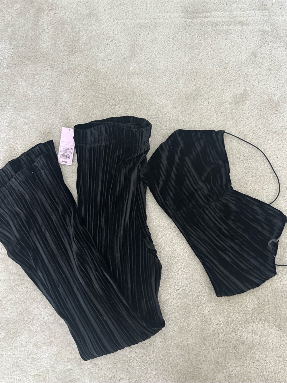 Women's Black Pleated Velvet Wide-Leg Pants and crop top set- Wild fable